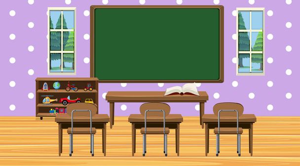 Classroom scene with chalkboard and desks - Vector, Image