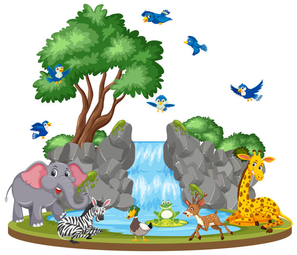 Background scene of animals and waterfall - Vector, Image