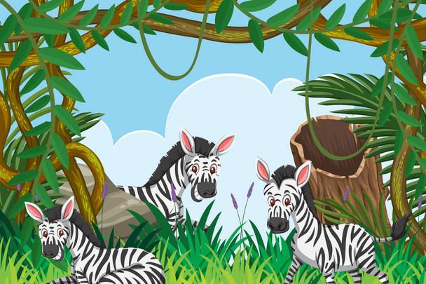 Niedliche Zebras in Dschungel-Szene - Vektor, Bild
