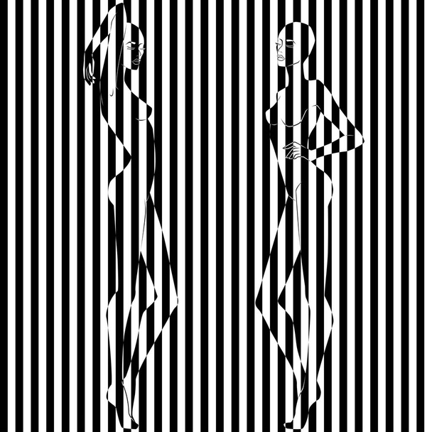 Иллюстрация разделена на черно-белые полосы с двумя женщинами
  - Вектор,изображение