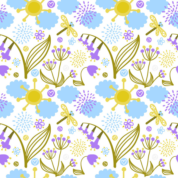 Pattern with fantasy plants, flowers, clouds, sun and dragonfly - Vecteur, image