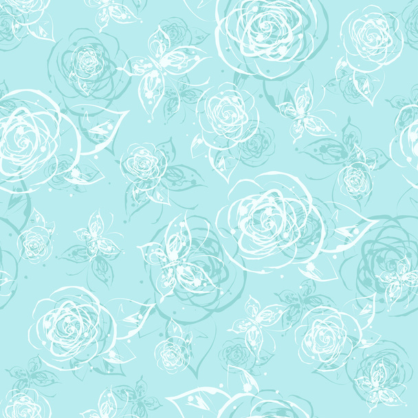 Blue ink splash seamless pattern with roses and butterflies - Διάνυσμα, εικόνα