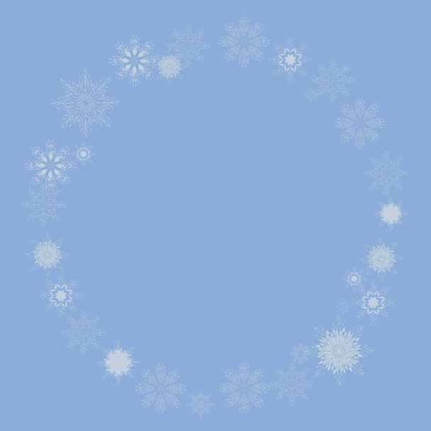 Wreath of light thin vector snowflakes round on a blue background postcard. - Vektor, obrázek