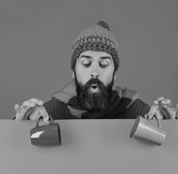 Hipster with beard and curious face looking down - Φωτογραφία, εικόνα
