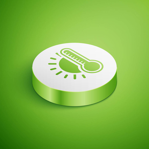 Isometric Thermometer with sun icon isolated on green background. White circle button. Vector Illustration - Vector, Image