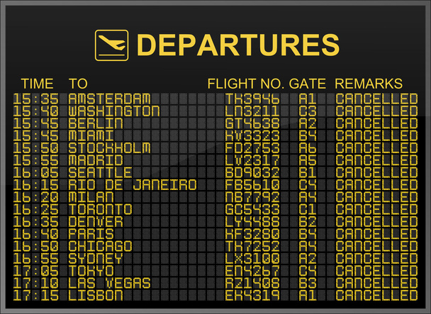 internationale luchthaven vertrek bord met alle vluchten geannuleerd - Foto, afbeelding