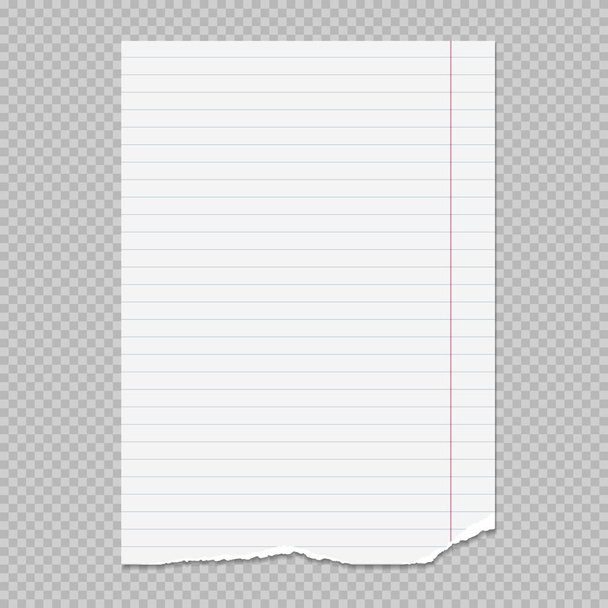 Torn white note, notebook paper sheet stuck on squared grey background. Vector illustration - Vector, Image