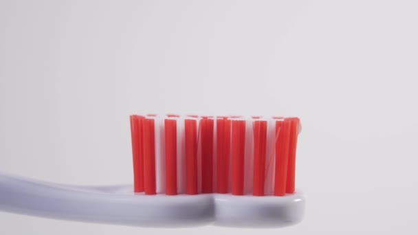 Z bílé trubice vymačká muž na červené štětiny umělohmotného zubního kartáčku modrou zubní pastu. Produkty osobní hygieny - Záběry, video