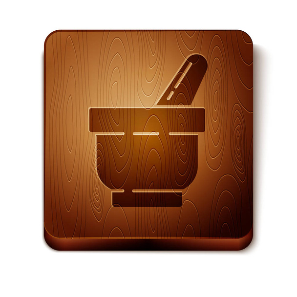 Brown Mortar and pestle icon isolated on white background. Wooden square button. Vector Illustration - Vector, Image