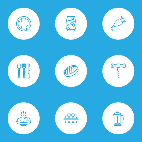 Cooking icons line style set with dirty plate, hot rice, french press and other easter elements. Isolated vector illustration cooking icons. - Vector, Image