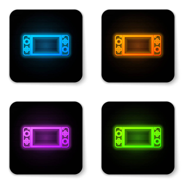 Icona luminosa della console portatile per videogiochi al neon isolata su sfondo bianco. Segno del gamepad. Concetto di gioco. Pulsante quadrato nero. Illustrazione vettoriale
 - Vettoriali, immagini
