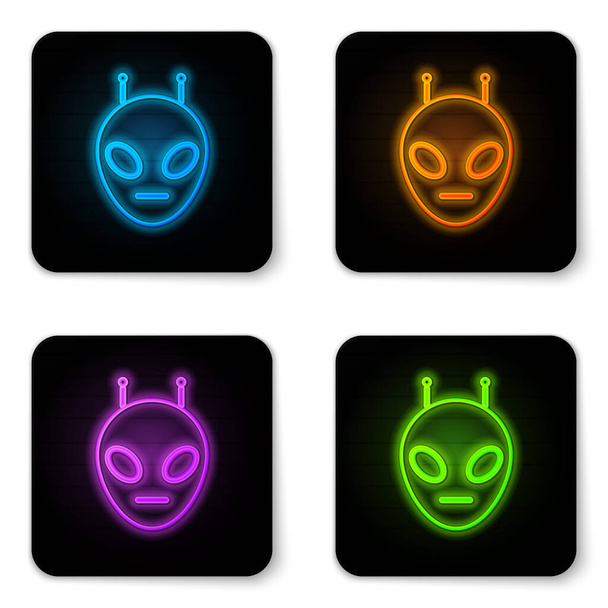 Świecąca Neon Alien ikona na białym tle. Extraterrestrial obcych twarzy lub symbol głowy. Czarny kwadrat przycisk. Ilustracja wektorowa - Wektor, obraz