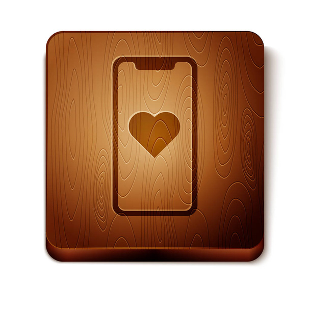 Bruine mobiele telefoon met hart pictogram geïsoleerd op witte achtergrond. Valentijnsdag. Houten vierkante knop. Vector Illustratie - Vector, afbeelding