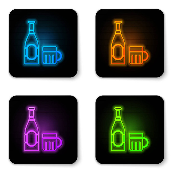 Parlayan neon bira şişesi ve beyaz arka planda izole edilmiş cam ikon. Alkol içeceği sembolü. Siyah kare düğme. Vektör İllüstrasyonu - Vektör, Görsel