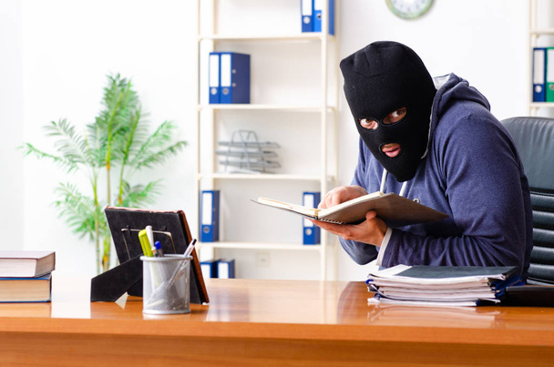 Hombre ladrón en pasamontañas en la oficina - Foto, Imagen