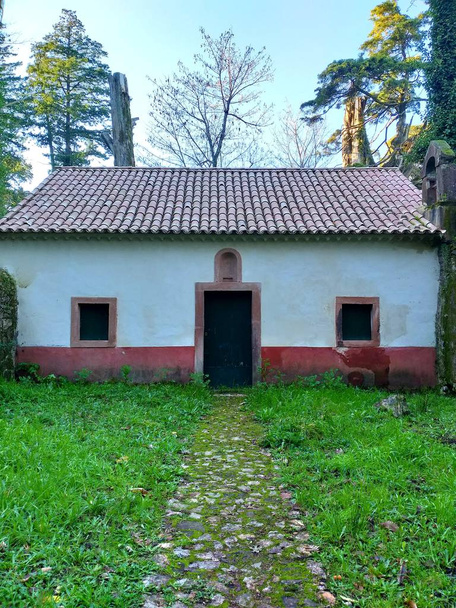 Casa blanca abandonada aislada con césped y detalles rojos. Fotografía geométrica - Foto, imagen