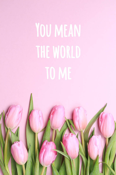 Jesteś dla mnie całym światem z różowymi tulipanami na różowym tle. Płaskie łóżko, widok z góry. Walentynki. - Zdjęcie, obraz