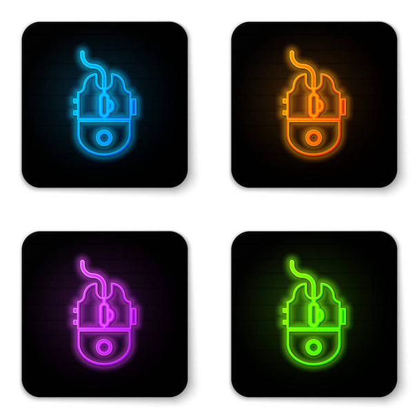 Icona di gioco del mouse del computer al neon incandescente isolata su sfondo bianco. Ottica con simbolo della ruota. Pulsante quadrato nero. Illustrazione vettoriale
 - Vettoriali, immagini