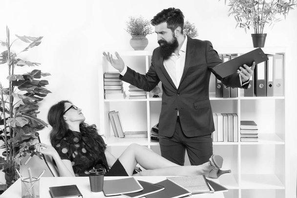 Im boss here. Boss work with sensual secretary. Boss and sexy office manager. Chief office. Boss and female subordinate. Employer and employee. Bearded man and pretty woman. In business relationship - Fotoğraf, Görsel