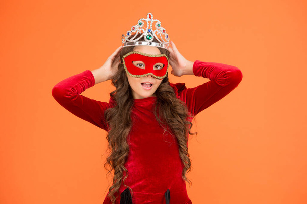 Just call me big boss. Big boss kid orange background. Small girl boss wear crown and mask. Ambitious little child. Prom queen. Beauty power. Big boss. Glory and pride. Dream big - Foto, immagini