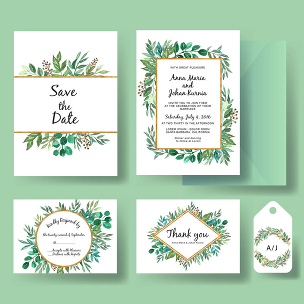 σύνολο πρόσκληση γάμου πράσινο και φύλλα χρυσού - Διάνυσμα, εικόνα
