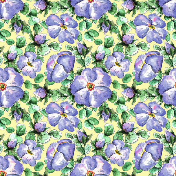 Seamless watercolor pattern with hand-drawn coral wild rose flowers for your print and textile design. light blue flowers and buds, green rosehip leaves on a yellow background - Foto, immagini