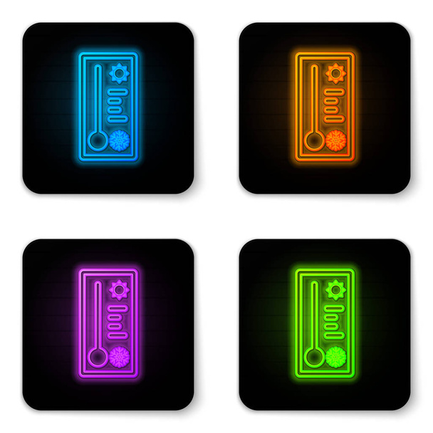Glowing neon Meteorology thermometer measuring heat and cold icon isolated on white background. Thermometer equipment showing hot or cold weather. Black square button. Vector Illustration - Vector, Image