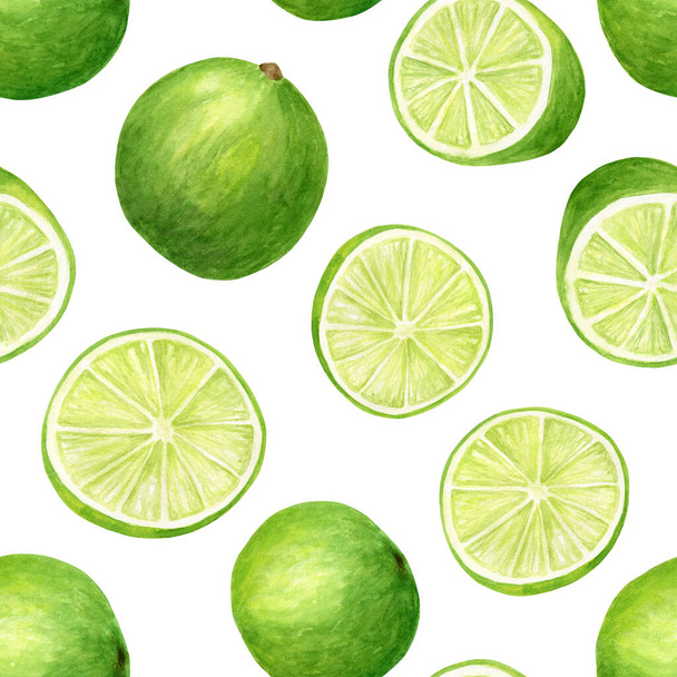 Watercolor lime seamless pattern. Hand drawn botanical illustration of citrus slices and fruit split isolated on white background. - Фото, зображення