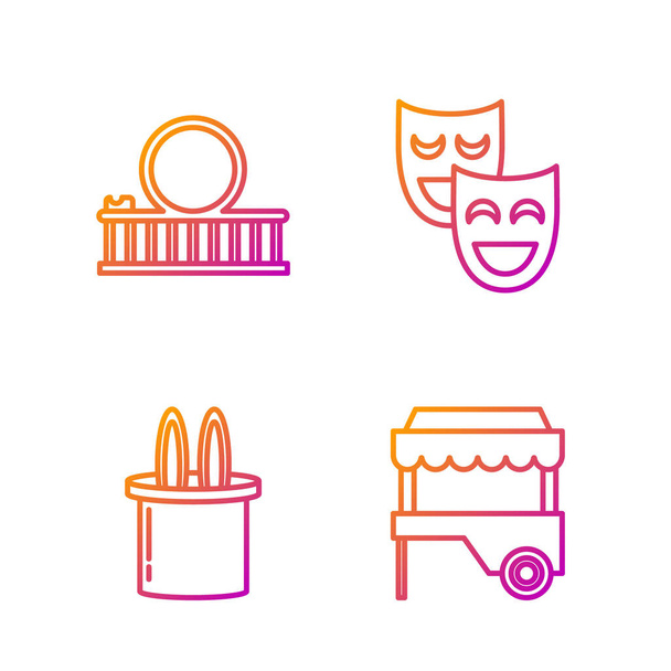 Set line Fast street food cart με τέντα, καπέλο μάγου και αυτιά κουνελιού, Roller coaster και κωμικές θεατρικές μάσκες. Κλιμακωτές έγχρωμες εικόνες. Διάνυσμα - Διάνυσμα, εικόνα