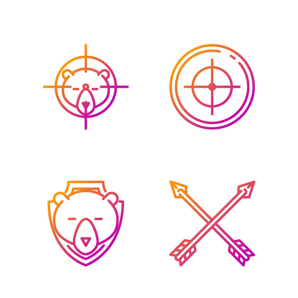 Set line Crossed arrows, Bear head on shield, Hunt on bear with crosshairs and Target sport for shooting competition. Gradient color icons. Vector - Vector, Image