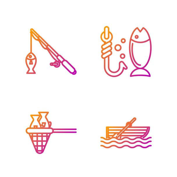 Vonal Halászhajó evezőkkel a vízen, halászháló halakkal, horgászbot, hal és halászat. Gradient színes ikonok. Vektor - Vektor, kép