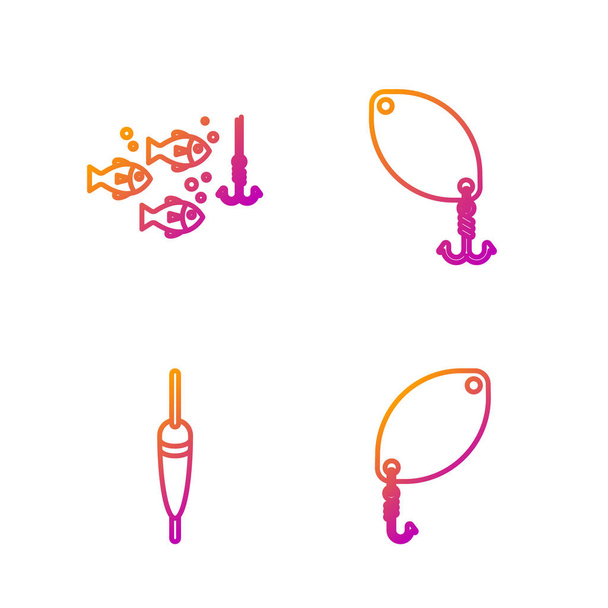 Set line Vislepel, Visdrijver, Vishaak onder water met vis en Vislepel. Gradiënt kleurpictogrammen. Vector - Vector, afbeelding