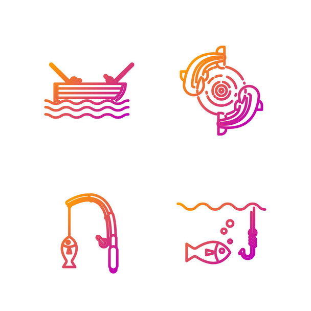 Set line Fishing hook under water with fish, Fishing rod and fish, Fishing boat with fishing rod on water and Fish. Gradient color icons. Vector - Vector, Image