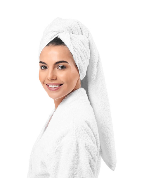 Beautiful young woman after shower on white background - Foto, afbeelding