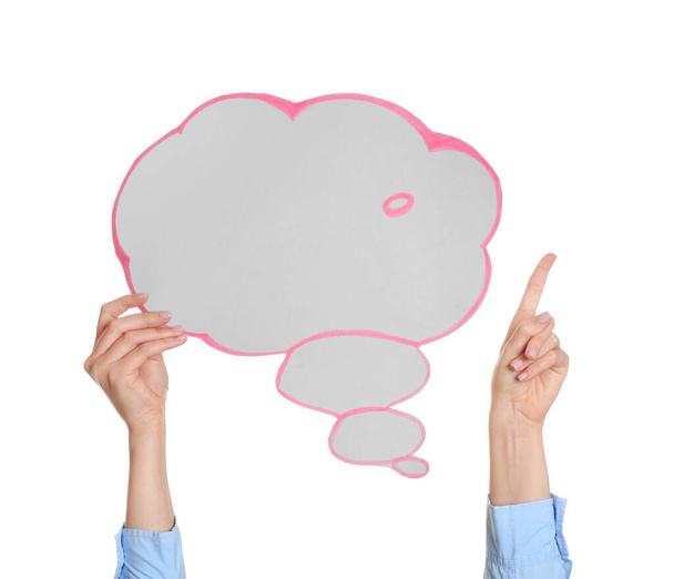 Female hands with blank speech bubble on white background - Photo, Image