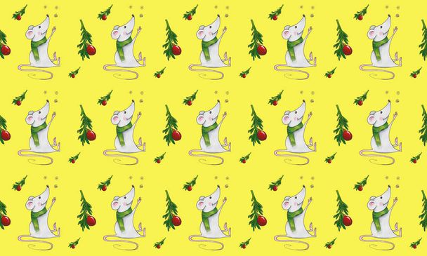 Seamless pattern with Christmas mice on yellow background. Hand drawn illustration with alcohol-based markers. - Foto, Imagem