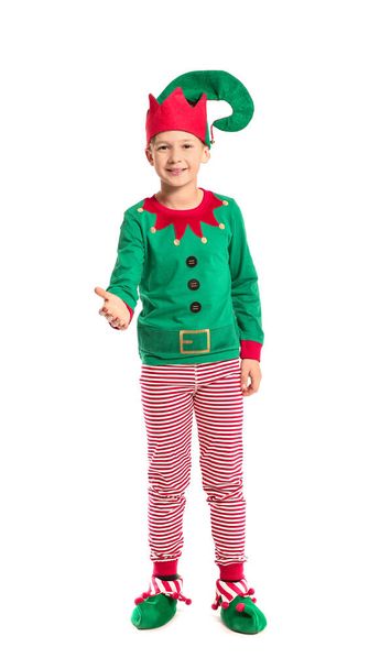 Little boy in costume of elf on white background - Photo, Image