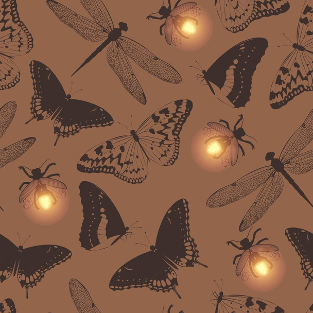 Vector naadloos patroon met vlinder en vuurvlieg - Vector, afbeelding