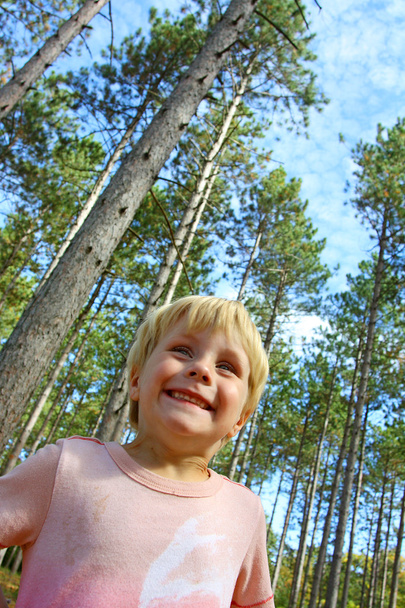 glücklicher Junge steht draußen unter Kiefernwald - Foto, Bild