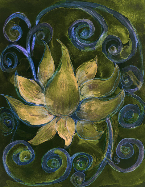 Flor de loto dorado con rizos azules sobre un fondo verde. La técnica de frotamiento cerca de los bordes da un efecto de enfoque suave debido a la rugosidad superficial alterada del papel
. - Foto, imagen