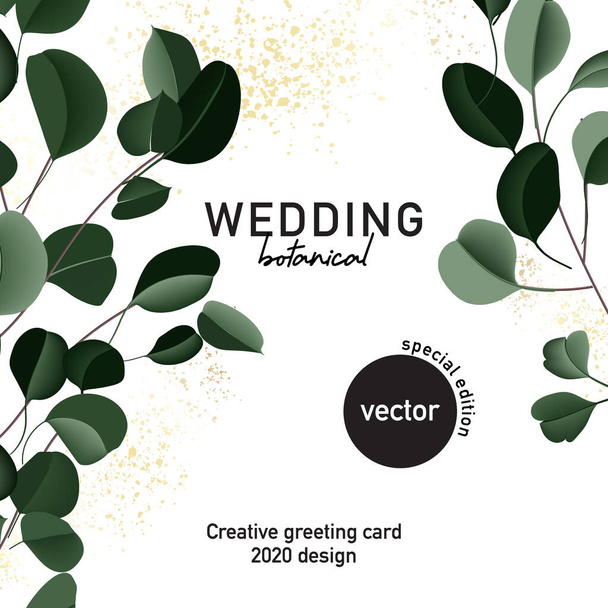 Eukaliptusz virágos esküvői kártya, kézzel rajzolt vektor koncepció arany csillogással. Reális zöld levelek sablon, lombozat grafika, csokor zöld dekoráció.  - Vektor, kép