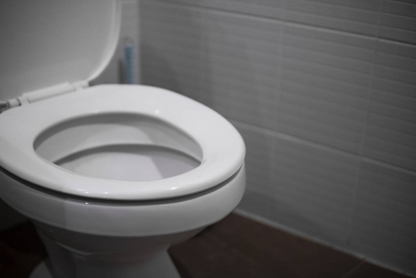 White hanging toilet seat on white toilet in the home bathroom with grey tiles. - Фото, изображение