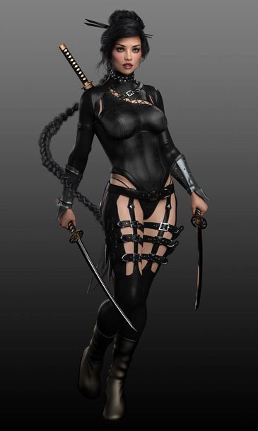 sexy sci fi cyberpunk samurai warrior mit katanas - Foto, Bild
