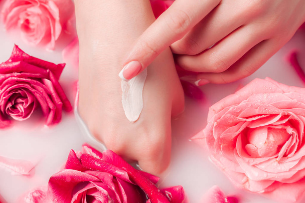 Spa Salon: Beautiful Female Hands with French Manicure in the Bowl of Water with Pink Roses and Rose Petals. - Фото, зображення