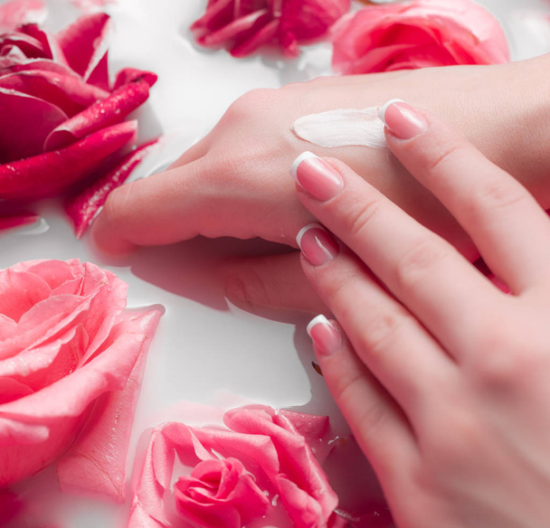 Salón de Spa: Hermosas manos femeninas con manicura francesa en el tazón de agua con rosas rosadas y pétalos de rosa
. - Foto, imagen