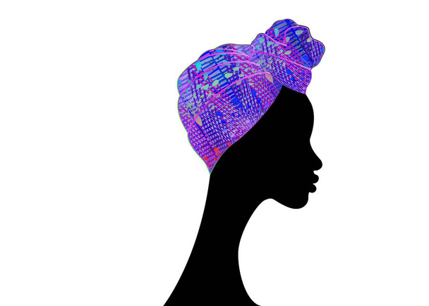 retrato hermosa mujer afro. Shenbolen Ankara Headwrap Mujer Africana Tradicional Headtie Bufanda Turbante. Cabeza colorida Kente envuelve diseño de tela africana. Vector icono logo aislado fondo blanco
 - Vector, imagen