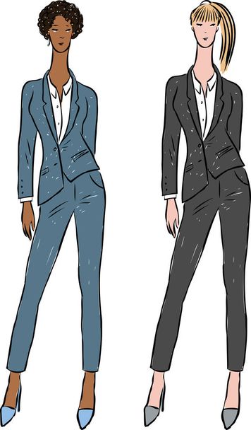 Vector drawing of young slim women in trouser business suits - Vector, Image