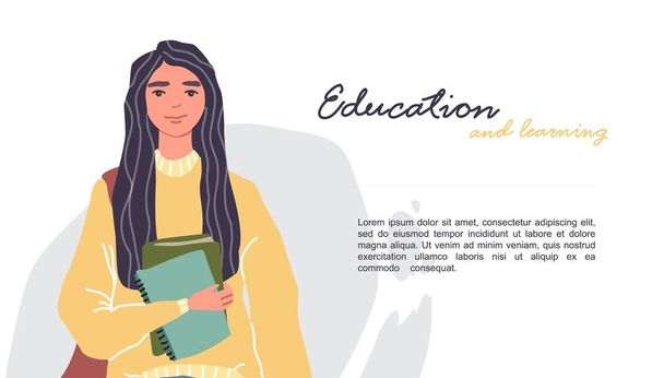 Young women in casual clothes with backbackpacks and books. - Vector, imagen