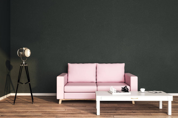 Μοντέρνο σαλόνι εσωτερικό με δερμάτινο ροζ καναπέ - Φωτογραφία, εικόνα
