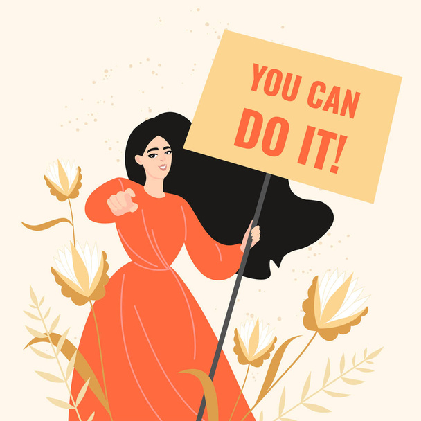 Illustration of a girl with a motivating poster in her hands in vintage colors. - Vector, Image